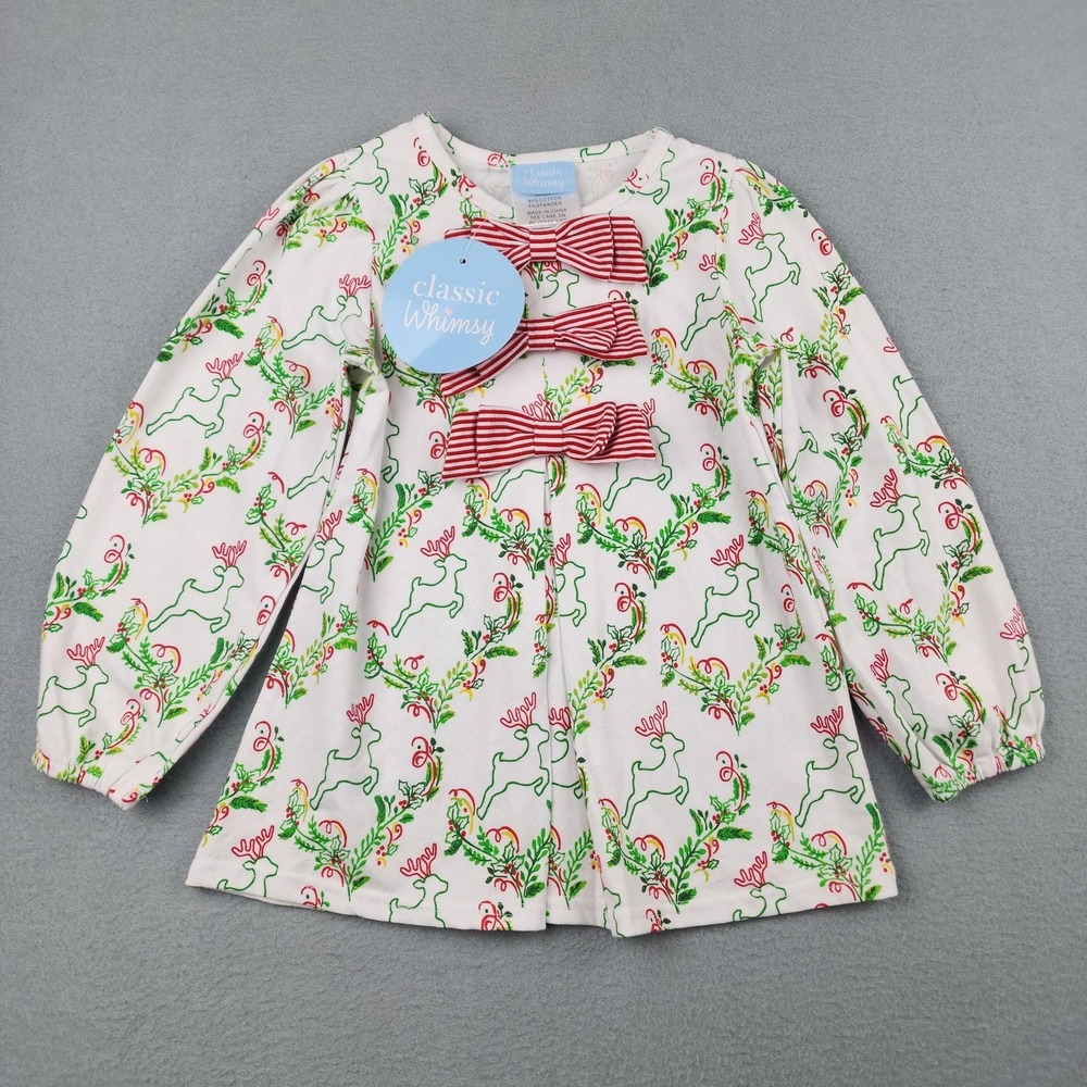 Classic Whimsy Dress Girls 5 White Prancing Reindeer Bow Long Sleeve Holiday NWT
